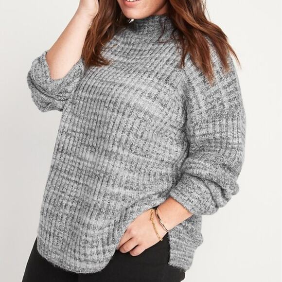 Old Navy Heather Gray Mock Neck Rib Knit Long Sleeve Cuffed Tunic Sweater - Picture 1 of 10